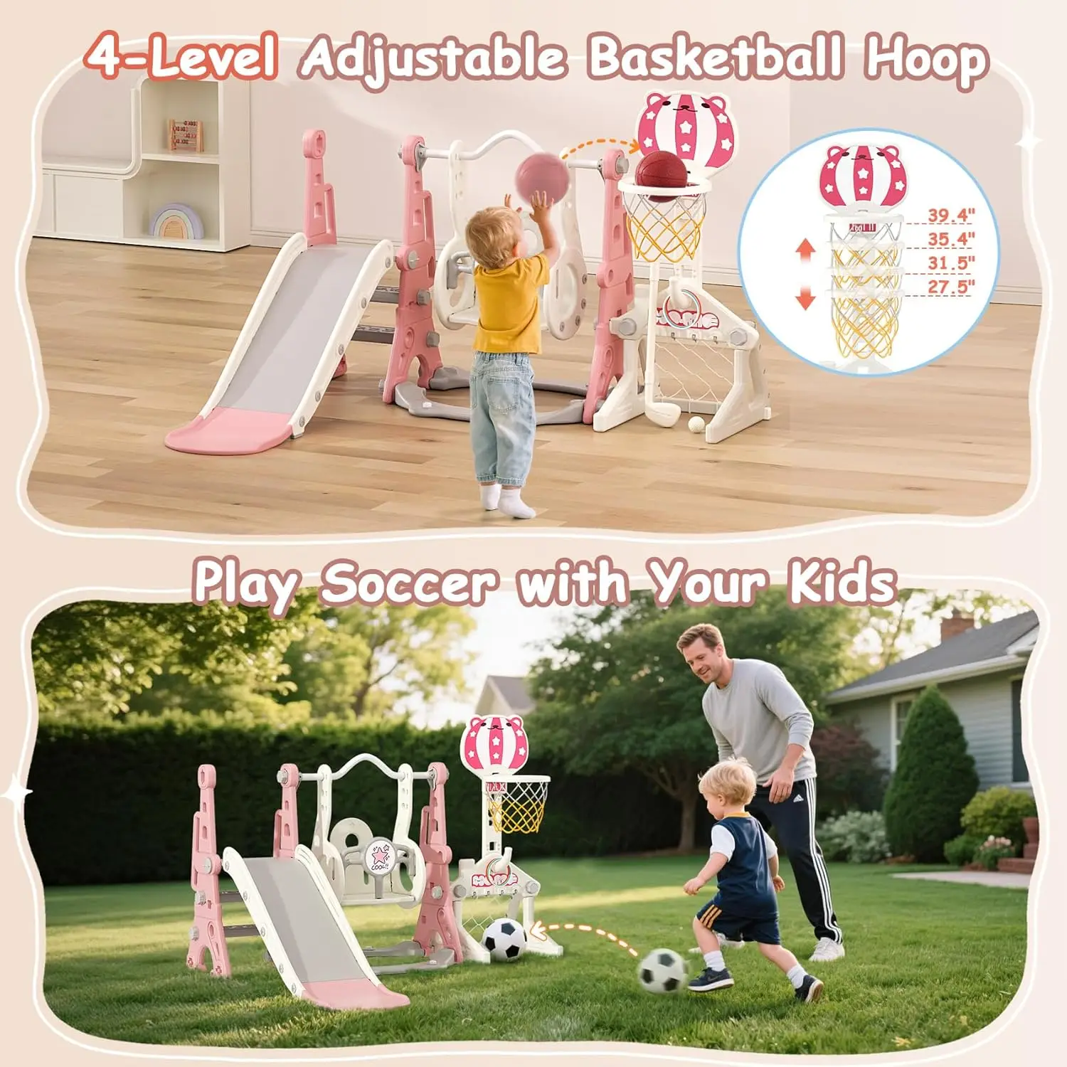 6-in-1 幼児用ブランコと滑り台セット、バスケットボール、サッカー、ゴルフゲーム付き、1～2歳向け、ピンクの屋内外プレイセット