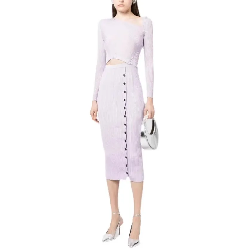 

Luxury Women Clothing 2023 New Arrivals Elegant Long Sleeve Midi Knitted Sweater Dress Purple Black Vestidos Para Mujer