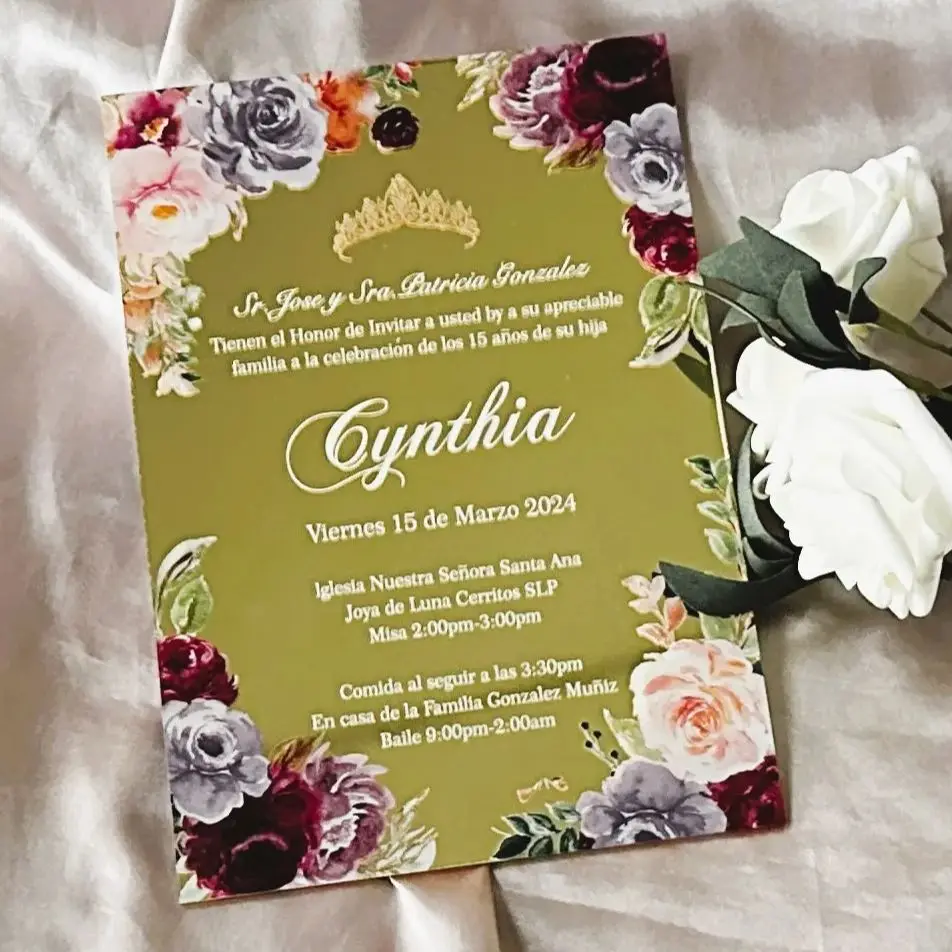 

10pcs Custom Mirror Gold Acrylic Quinceanera Invitation,Plexiglass Mirror Rose Gold, Happy Birthday Invitation Party Decoration