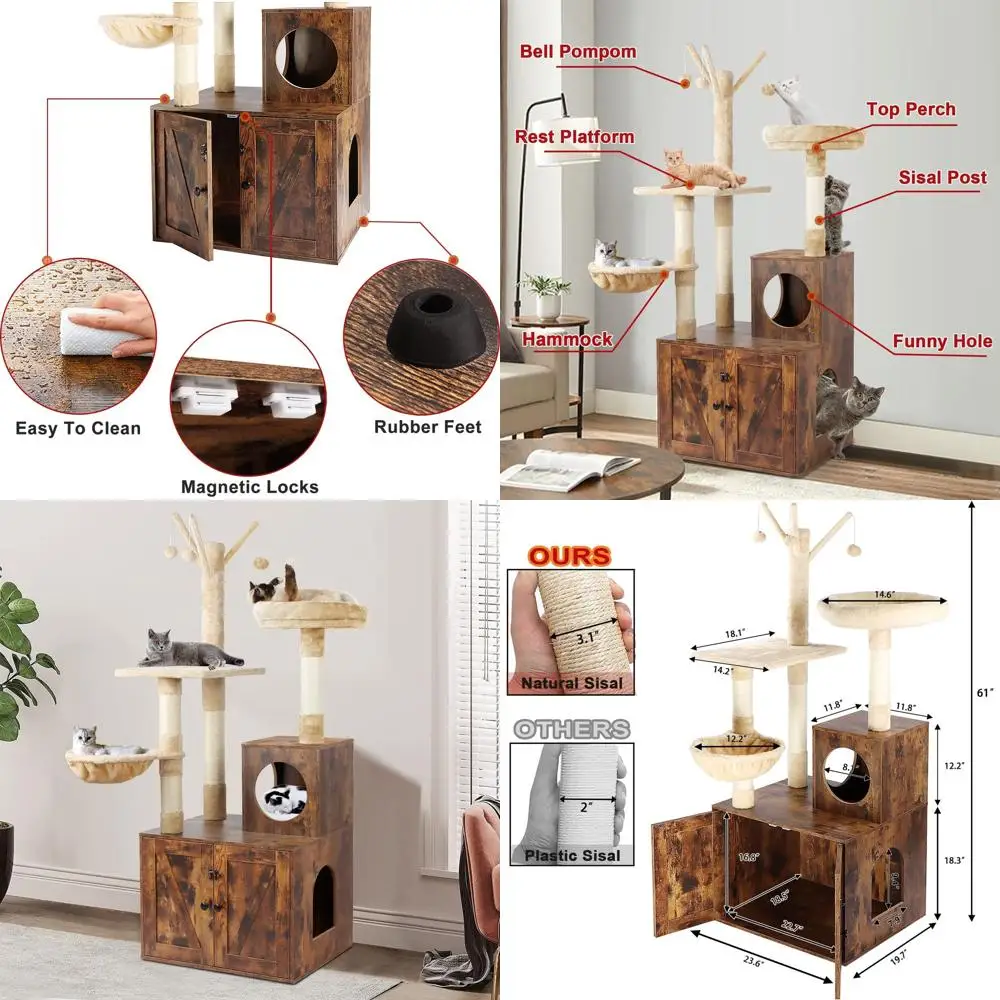 

2-in-1 Wooden Cat Tower with Litter Box Enclosure, Sisal Scratch Post, Hammock, Brown