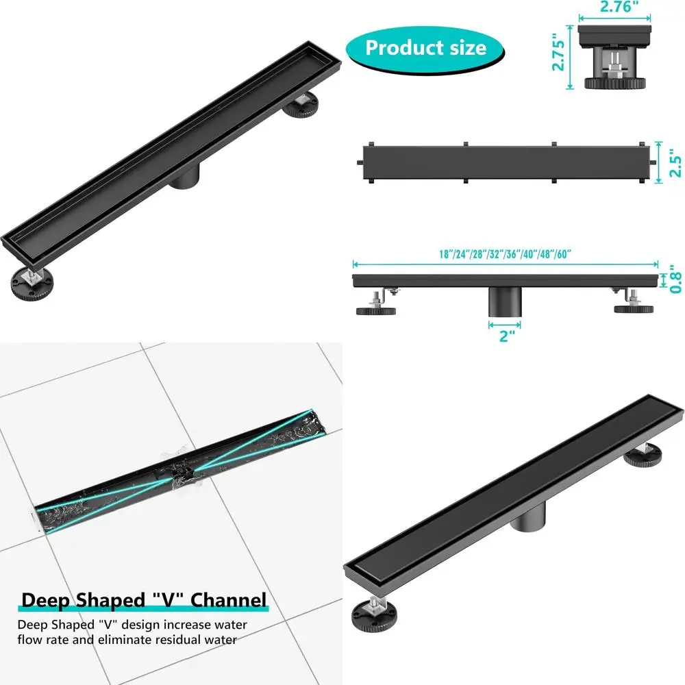 

24 Matte Black Rectangular Shower Drain with Dual Flat and Tile Insert, 304 Stainless Steel