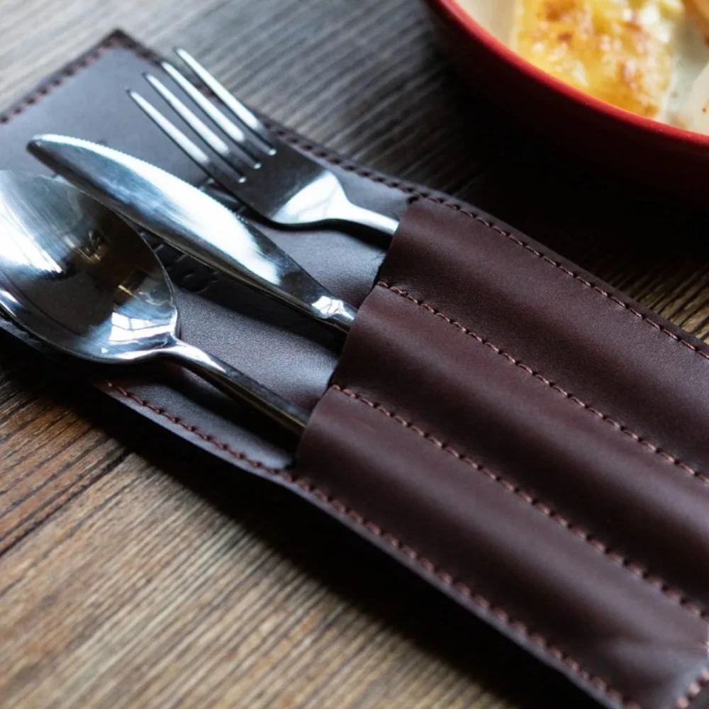 3 Pocket Western Restaurant Fork Cutlery Bag PU Leather Oil-resistant Cutlery Storage Pouch Rectangular Multi-functional