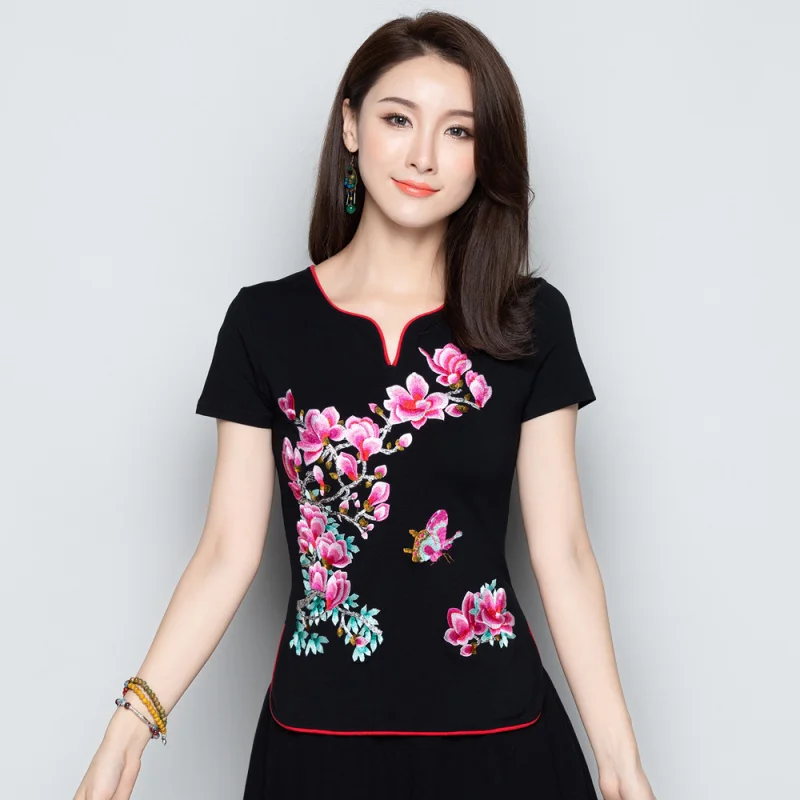 

Рубашка с вышивкой в этническом стиле Qipao Cheongsam, топы, традиционная китайская одежда для женщин, модная рубашка Hanfu с коротким рукавом, современная