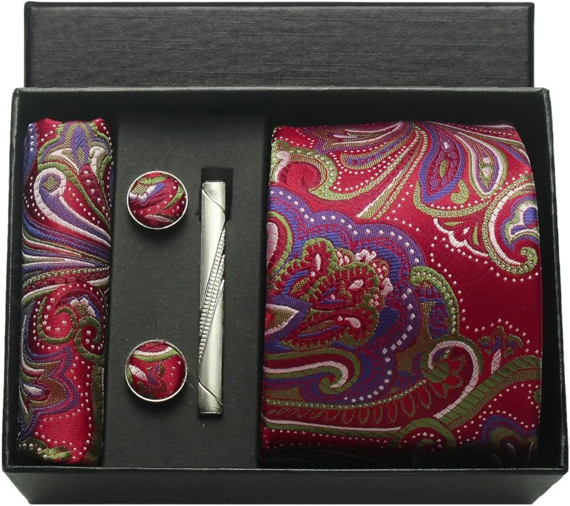 100 % Seidenkrawatte, Paisley-Blumenmuster, Herrenkrawatte, hochwertige Business-Krawatte, Einstecktuch, Krawattenklammer, Manschettenknöpfe-Set, klassisch, für Männer, Geschenkbox