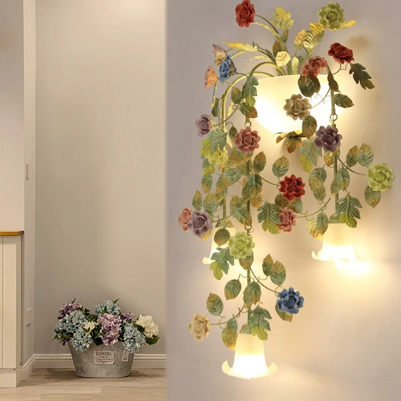 

Retro Rattan Art Courtyard Bracket Wall Lights Rural Flower And Grass Wall Lamp Northern Europe Bedroom Corridor Balcony Lights