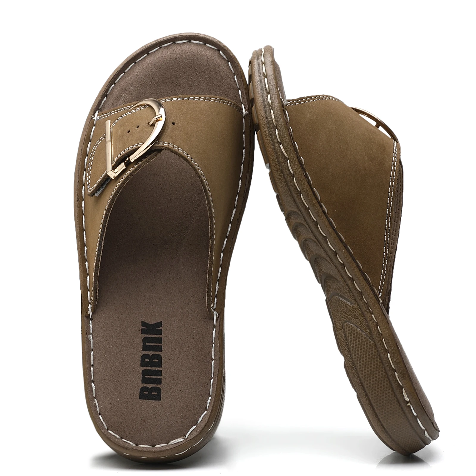 Women's Genuine Leather Slide Sandals with Adjustable Arch Support