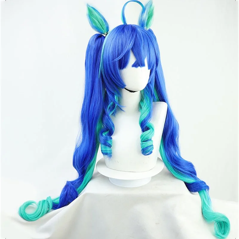 Game Uma Musume Pretty Derby Twin Turbo Cosplay Wig Blue Long Synthetic Hair Tail Ears For Women Men Halloween Costume Party