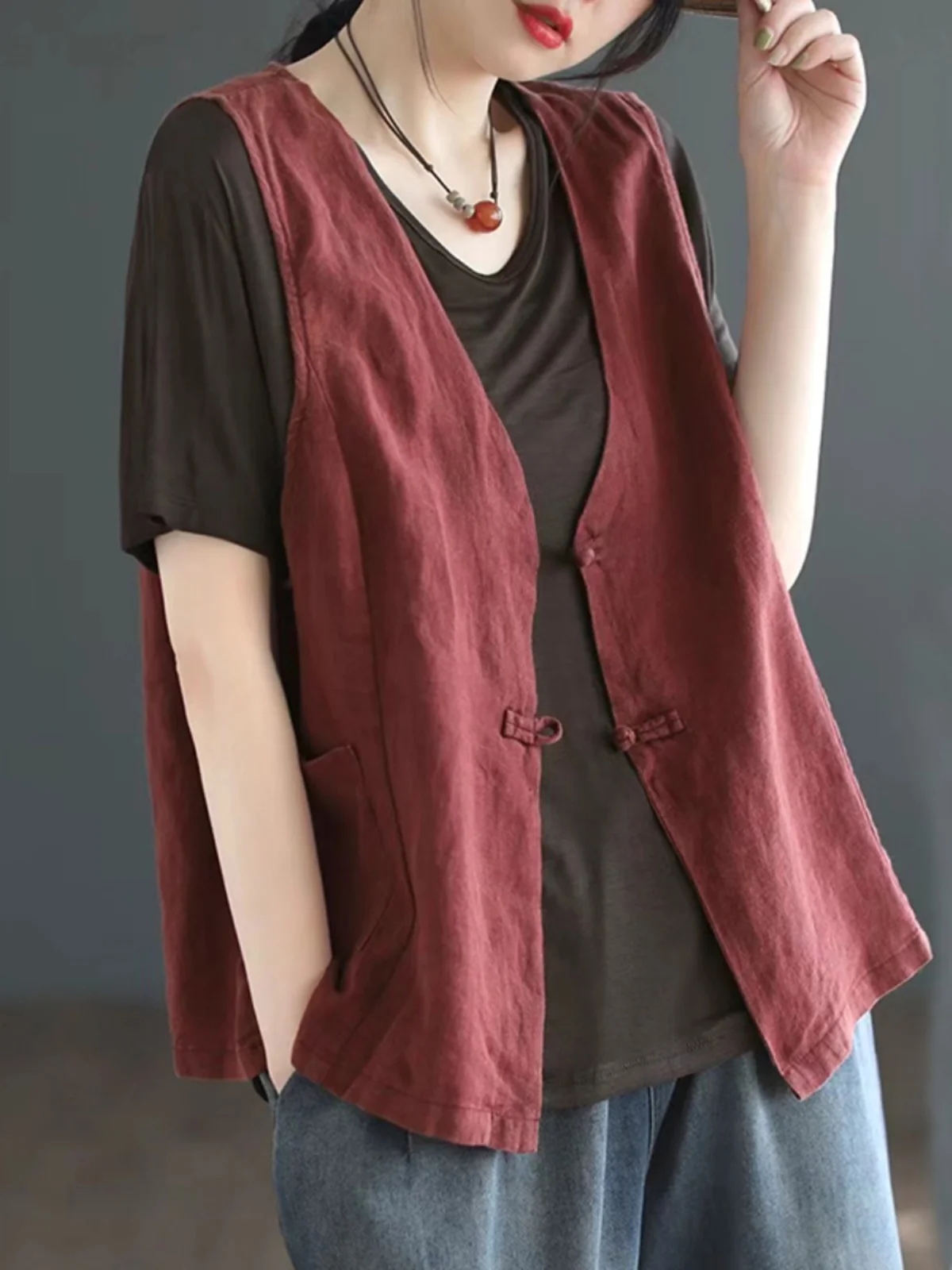 

Хлопково-льняной жилет на пуговицах в стиле ретро, женский весенне-осенний универсальный хлопковый льняной жилет с v-образным вырезом, топ для поездок на работу, чистый цвет