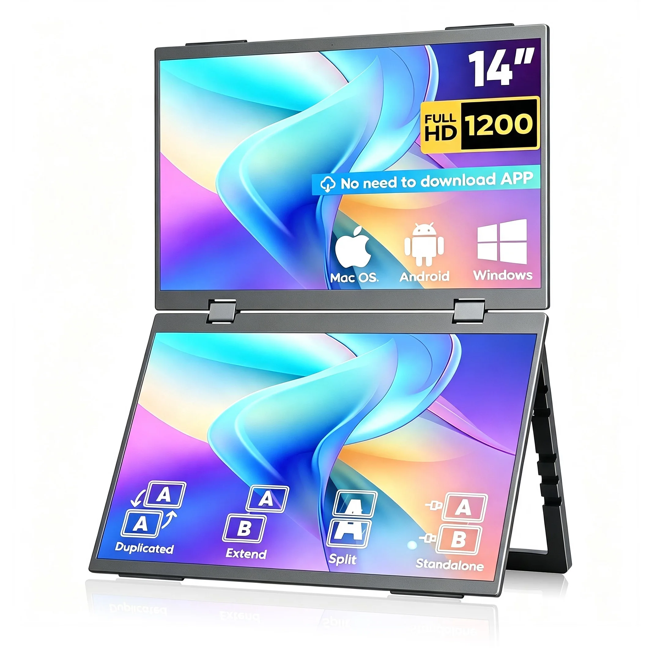 14 Inch Dual Portable Monitor 1920×1200 FHD IPS 72% SRGB VESA External Secondary Display for Laptop Phone Switch Game Console