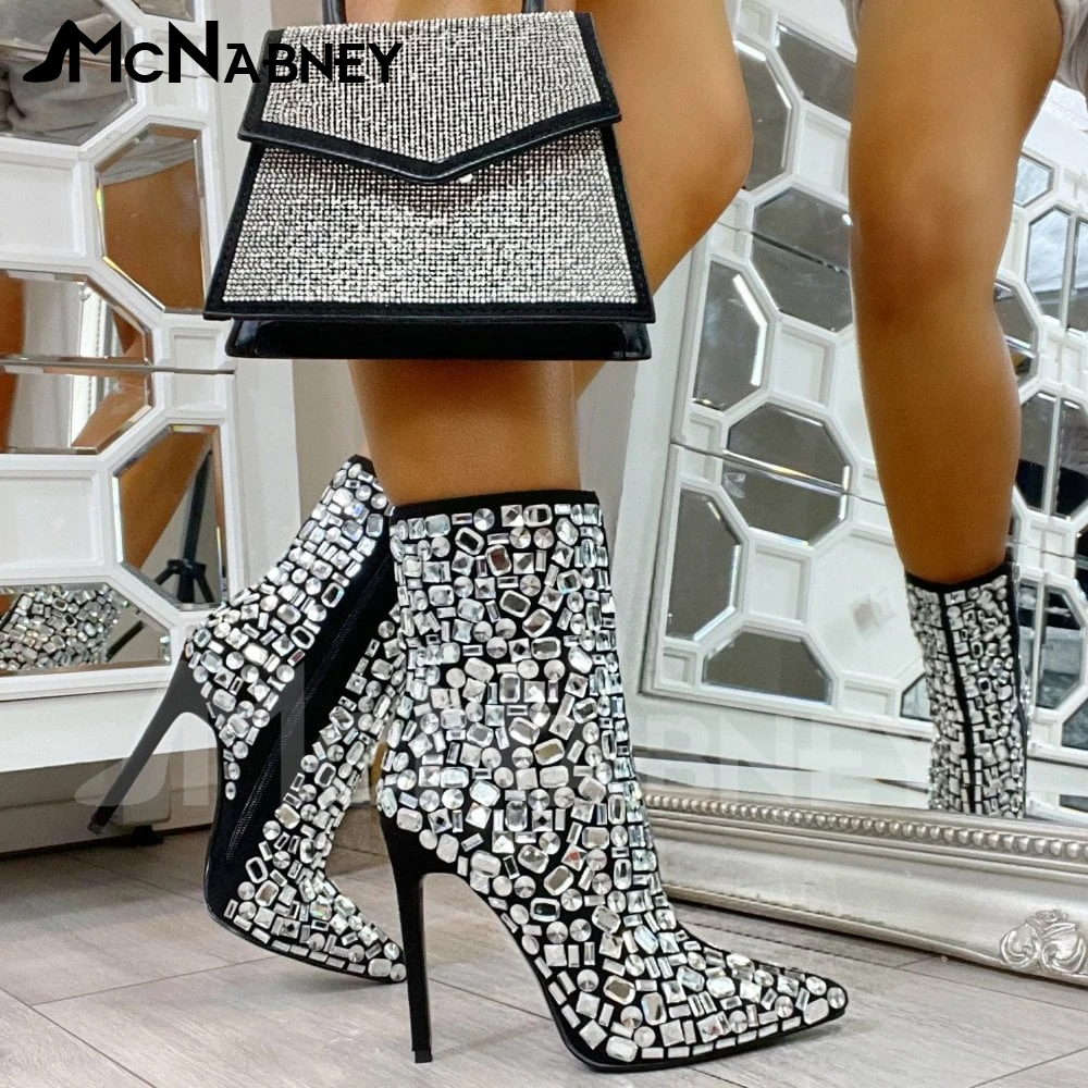 Crystal Heeled Boots Bling Bling Rhinestone Pointed Toe Shoes Luxury Designer Style Banquet Shoes Stiletto Handmade Women Boots