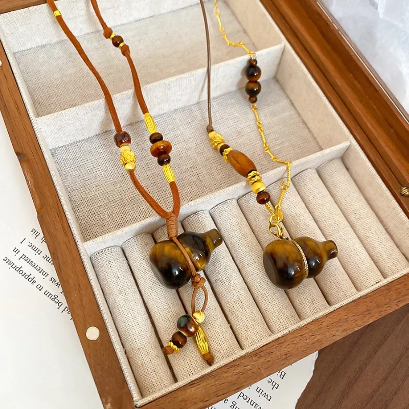 

Minar Ethnic Natural Stone Tiger Eyes Wood Beads Bottle Gourd Pendant Necklaces for Women Adjustable Rope Sweater Chain Chokers
