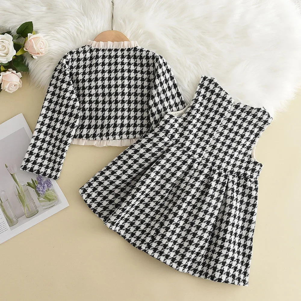 Melario Girls Dress Set Winter Plaid Print Dress Long Sleeve Girls Clothes Top Coat + Sleeveless Dress 2pcs Outfits Kids Sets