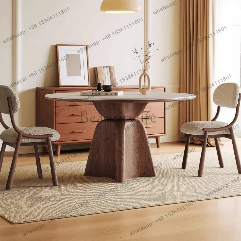 FG Medieval Style Solid Wood Rock Slab Dining Tables Pliante Round Household Italian Dining Table Set Of 6 Chairs Set Furniture