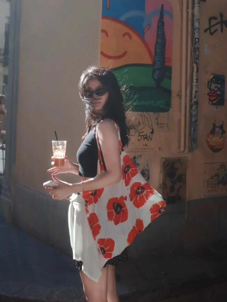 

French Flower Print Single Shoulder Canvas Bag 2025 New Large Capacity Versatile Commuting Shopping Bags