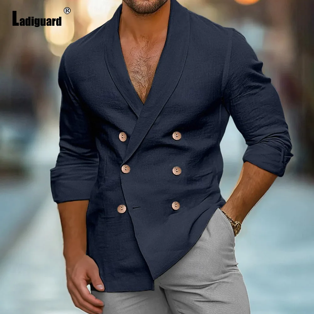 Men Elegant Basic Shirts Outerwear 2024 Double Breasted Tops Streetwear White Khaki Soft Blouse Notched Collar Fashion Shirt New