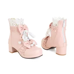 Girls High Heels Ankle Boots Chunky Heel Lolita Shoes Butterfly-knot Lace Womens Cosplay Princess Vintage Winter Ankle Boot28-43