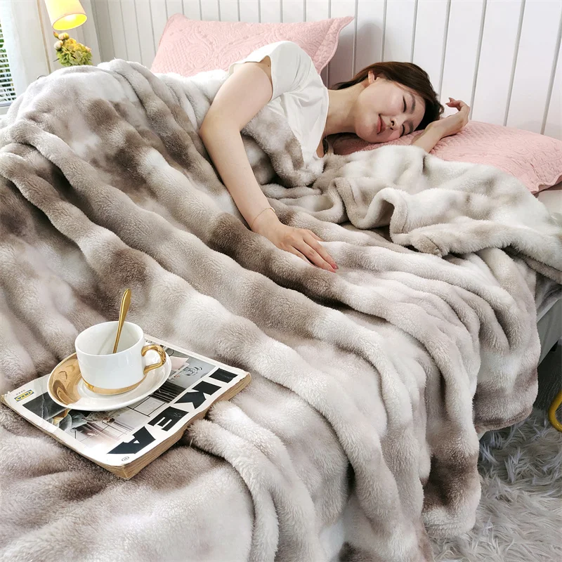 Tie Dye Faux Rabbit Fur Blanket Fluffy Super Soft Bubble Plush Throw Blanket for Sofa Bed Autumn Multipurpose Warm Nap Blanket