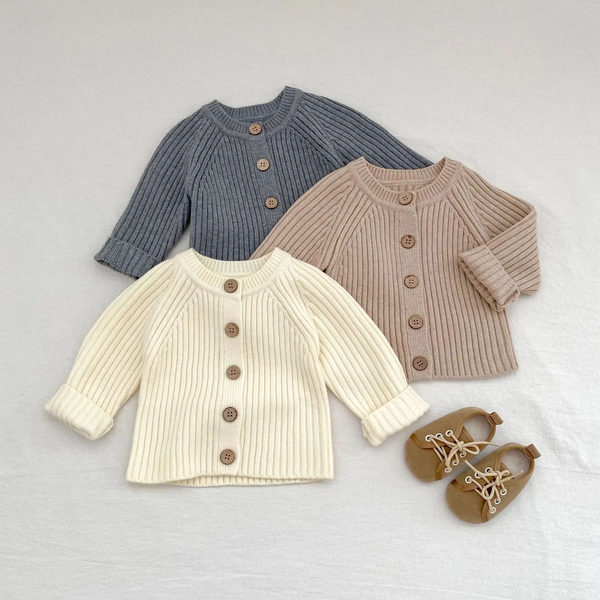 Cárdigan de punto acanalado Unisex para bebé recién nacido, suéter de Color sólido, chaqueta, traje de punto infantil para 0-24 meses, otoño 2025