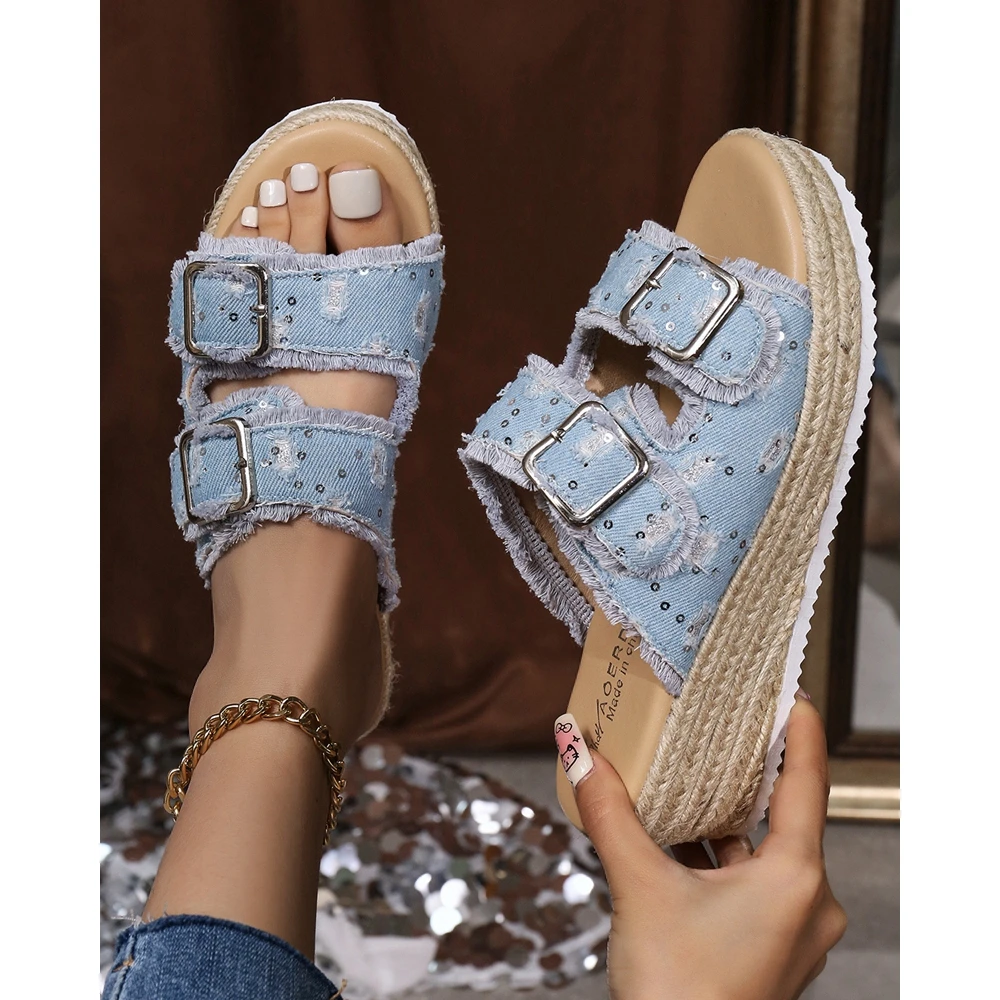 

Summer Women Contrast Sequin Raw Hem Double Buckled Denim Wedge Shoes Fashion Going Out Wide Strap Wedges Peep Toe Femme Shoe