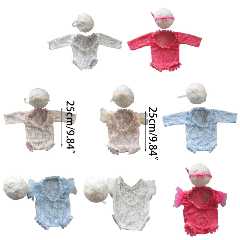 Baby Photo Clothing Princess Lace Jumpsuit Bow Headband Half/Long Sleeved Romper Newborn Shower Party Decor Posing Props