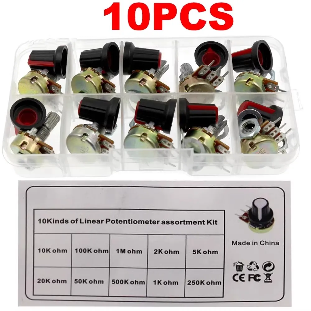 10 Sets 15MM WH148 Knurled Shaft 3 Terminals Linear Taper Rotary Potentiometer Assortment Kit B1K 2K 5K 10K 20K 50K 100K 250K 50