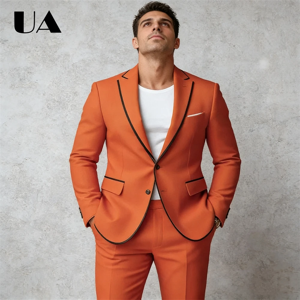 

Energy Orange Suit Set for Men 2 Pieces Jacket Pants One Button Tailored Tuxedo Costume Host Wedding Suit Blazer Trousers