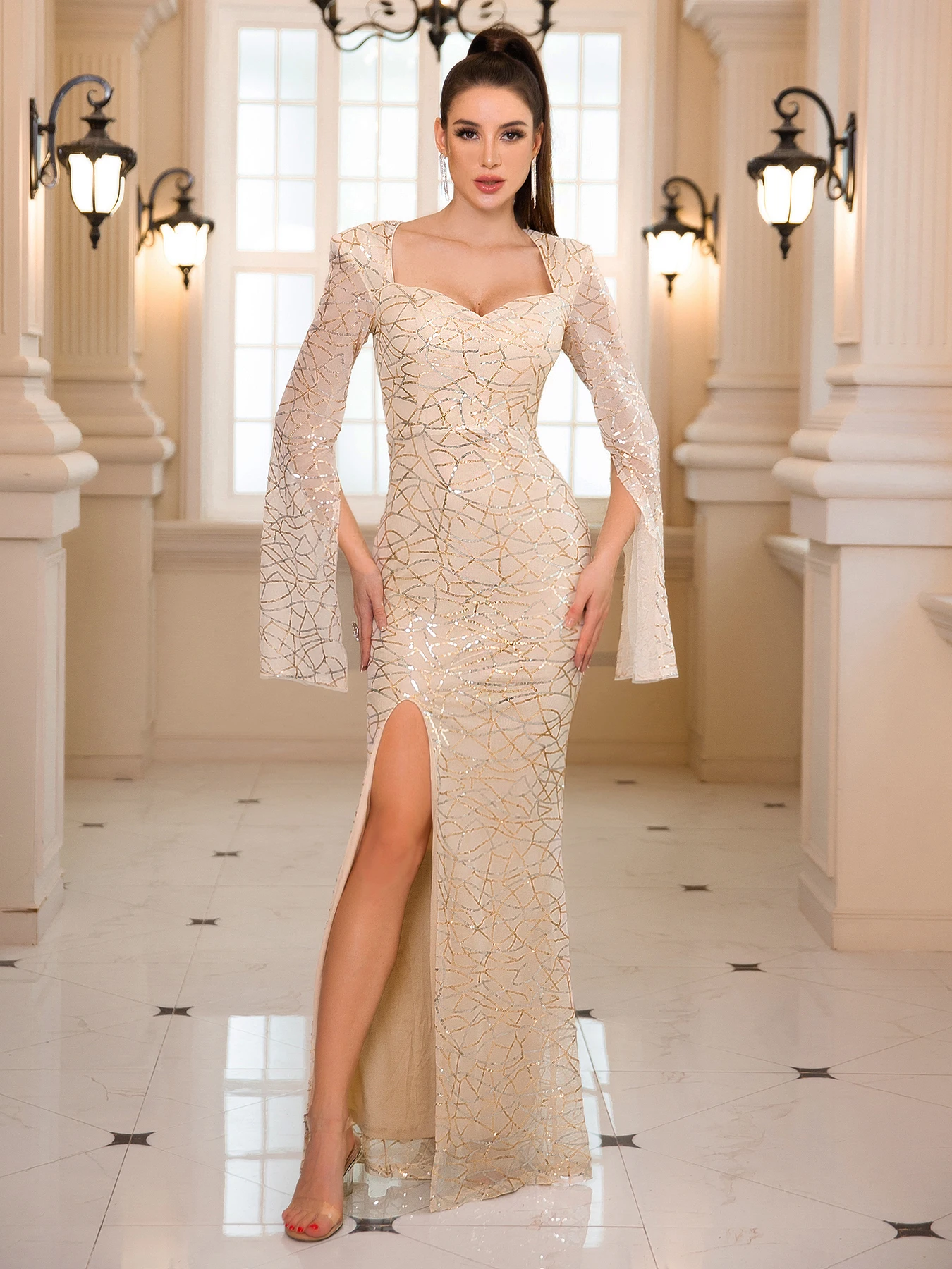 

Light Gold Long Flying Sleeve Wedding Party Dress Floor Length Slit Stretch Luxury Sequin Elegant Celebrity Evening Prom Gown