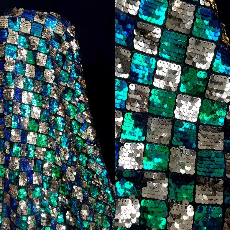 High-end brand shell shape green gold square check sequin fabric performance dress bead fabric