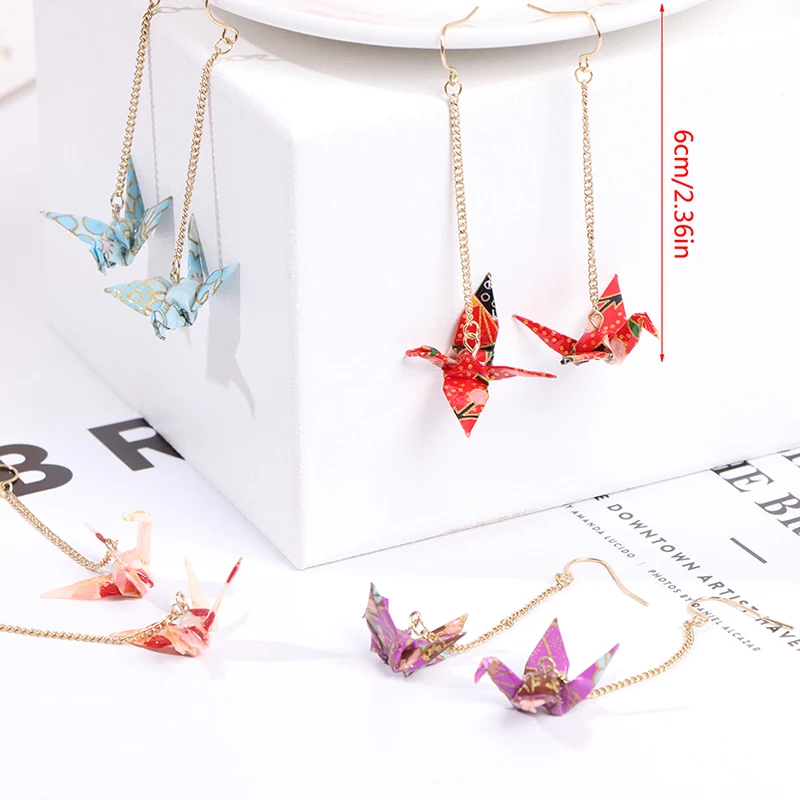 1 Pair Cute Origami Crane Earrings Gold Color Sweet Japanese Long Paragraph Tassel Earrings Fashion Earrings Ear Clips