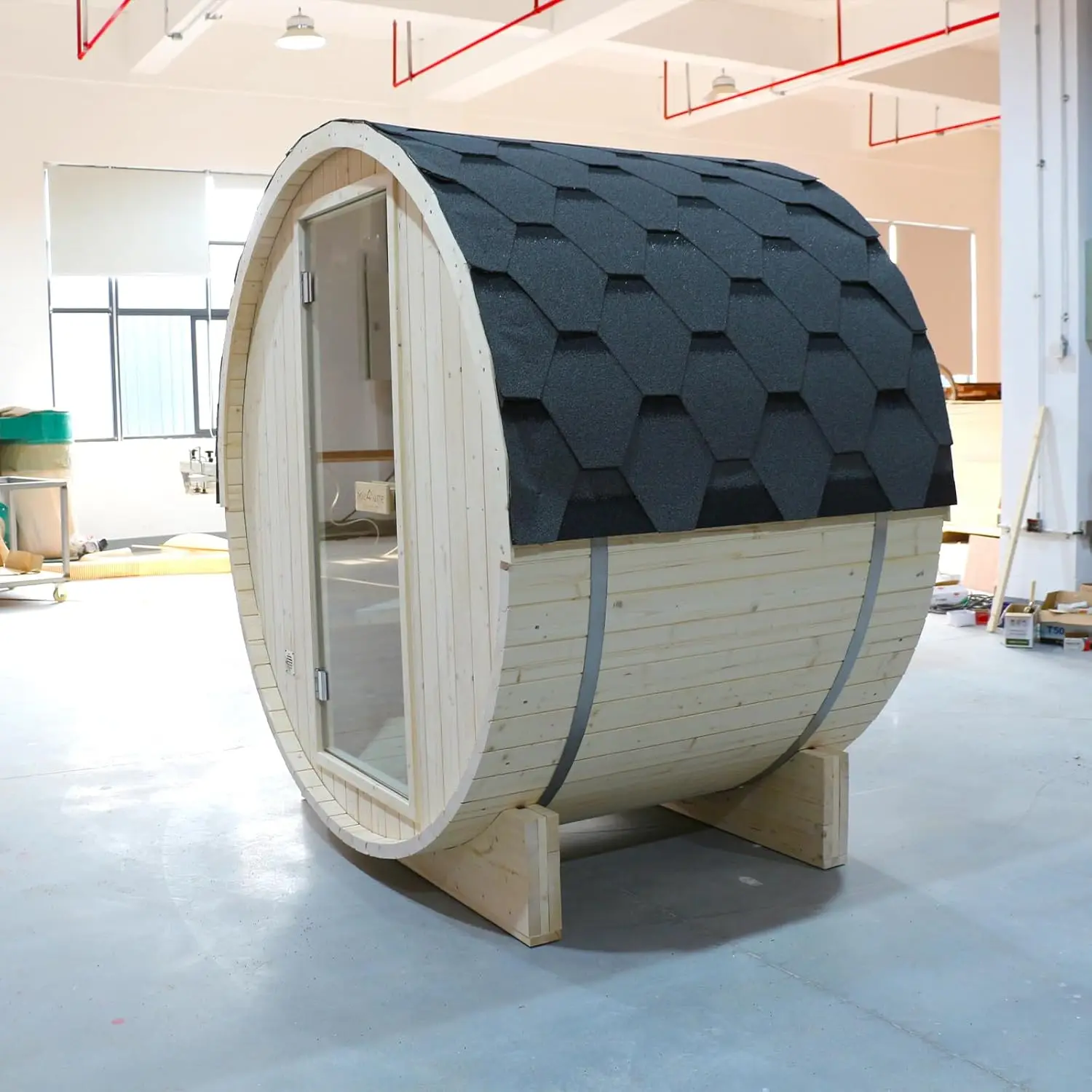 Outdoor Barrel Steam Sauna, 1-2 Person Spruce Wood Sauna Room, 4.5KW Harvia Electric Heater, Asphalt Shingle Roof