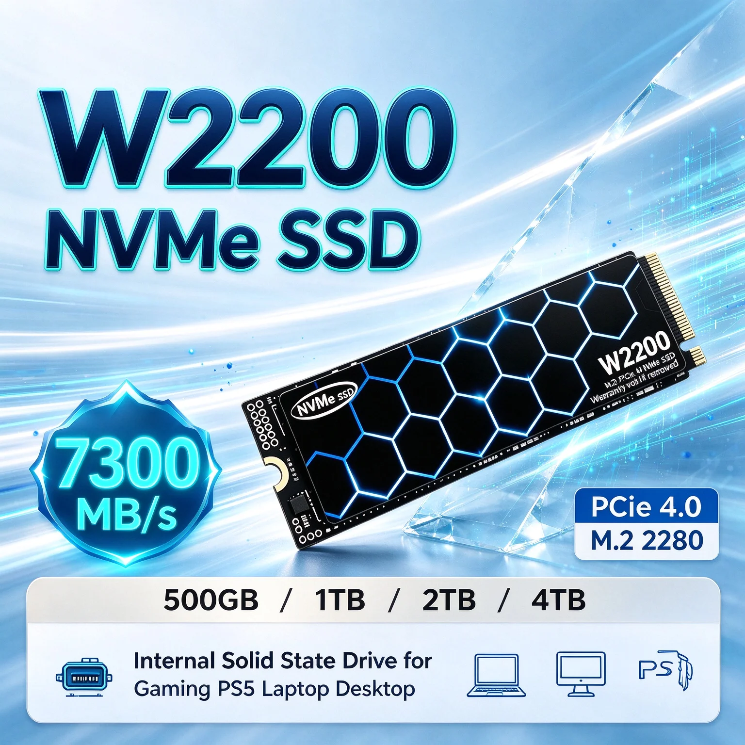 4TB Desktop Laptop Launch Games in Seconds W2200 NVMe SSD 7300MB/s PCIe 4.0 M.2 2280 Internal Drive High Speed Storage