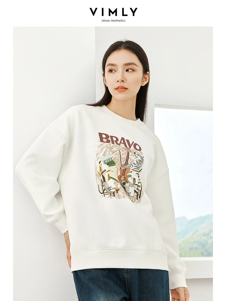 Vimly White O-neck Pullover Sweatshirt 2023 Winter Warm Casual Loose Letter Printed Long Drop Sleeve Tops Women\'s Clothing M5226