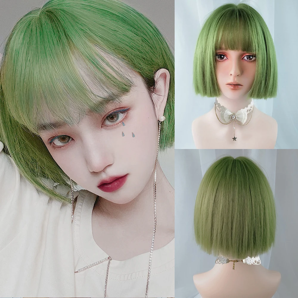 Perruque Lolita Synthétique Courte avec Frange pour Femme, Cheveux Lisses Vert Clair, Style BOB, Perruque Degré de Chaleur pour Cosplay 03/Party