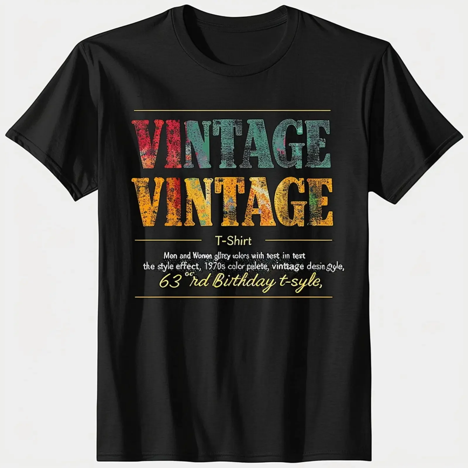 Vintage Retro 1970s Style Effect 63rd Birthday TShirt Glitzy Colors Black Tee