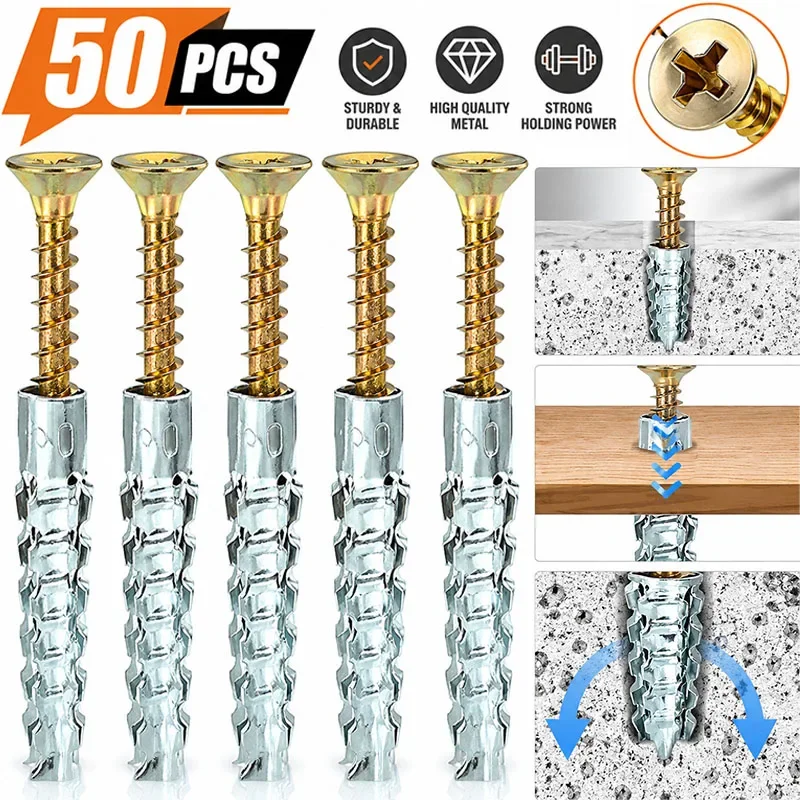 50/10sets Metal Serrated Expansion Tube Self Tapping Screws Pipe Drilling Plug for Concrete Wall Anchors Fasteners Bolt Kits