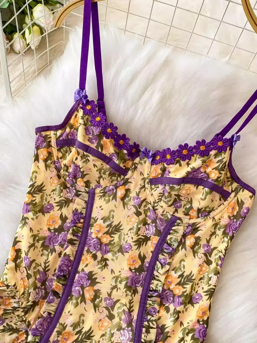 Foamlina-body de encaje Floral con cuello Halter para mujer, traje de baño ajustado con volantes a la moda de nicho europeo, traje de baño ajustado de una pieza