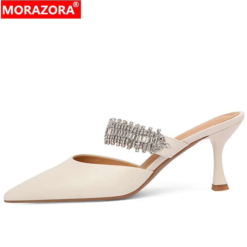 

MORAZORA 2024 New Fashion Genuine Leather Sandals Women Rhinestone Slip On Thin High Heels Shoes Summer Ladies Dress Shoes