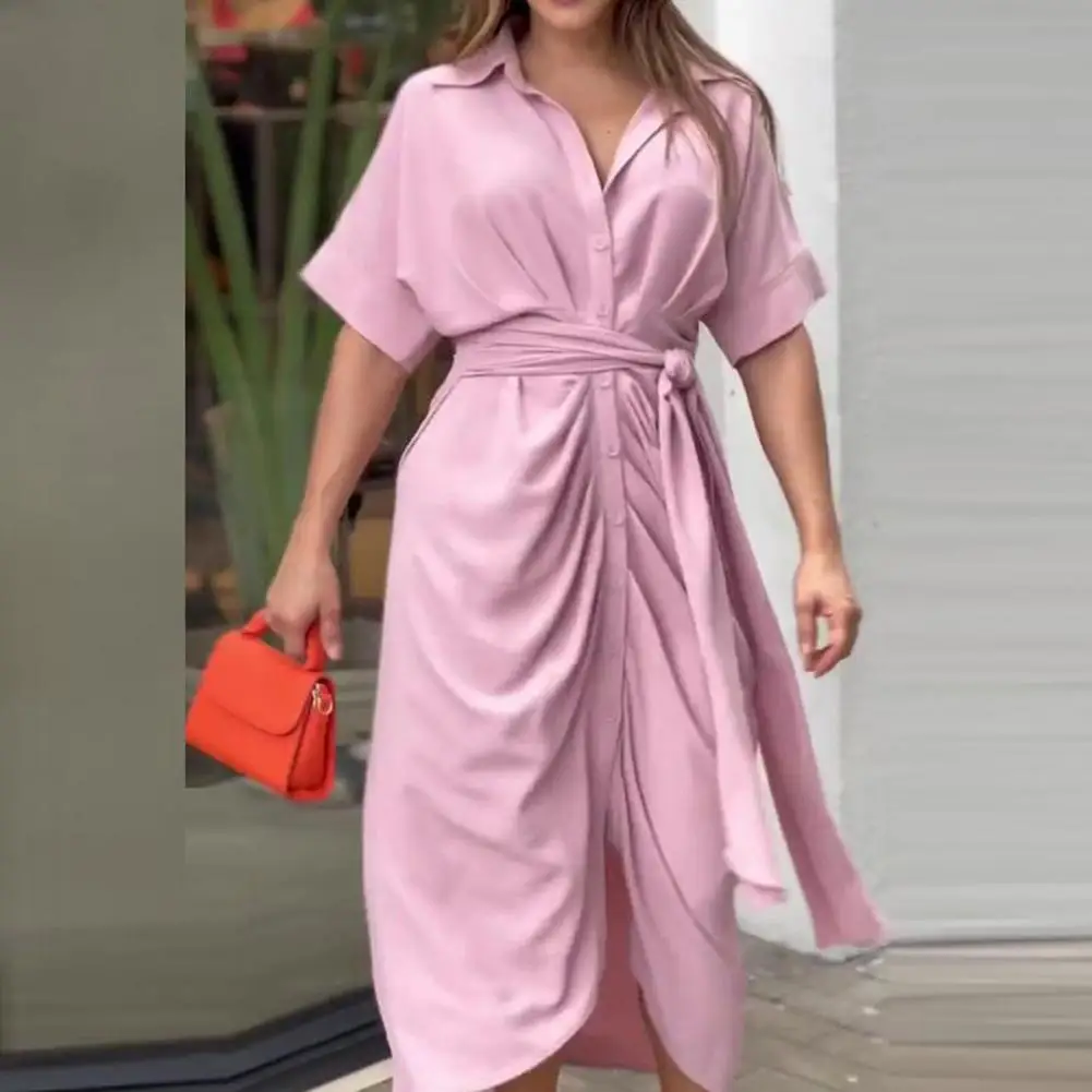 

Casual Shirt Dress Elegant Lace-up Maxi Dress with Turn-down Collar Pleated Details for Women's Summer Wardrobe Shirt Dress