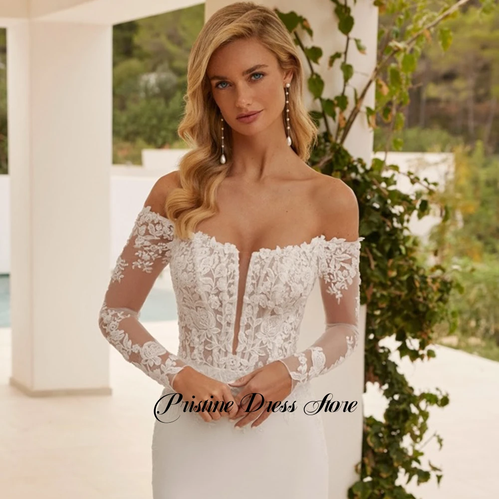 تخصيص المرأة غمد فستان الزفاف الرسمي قبالة الكتف الدانتيل يزين قطار المحكمة طويلة الأكمام مثير فستان زفاف بدون حمالات #3