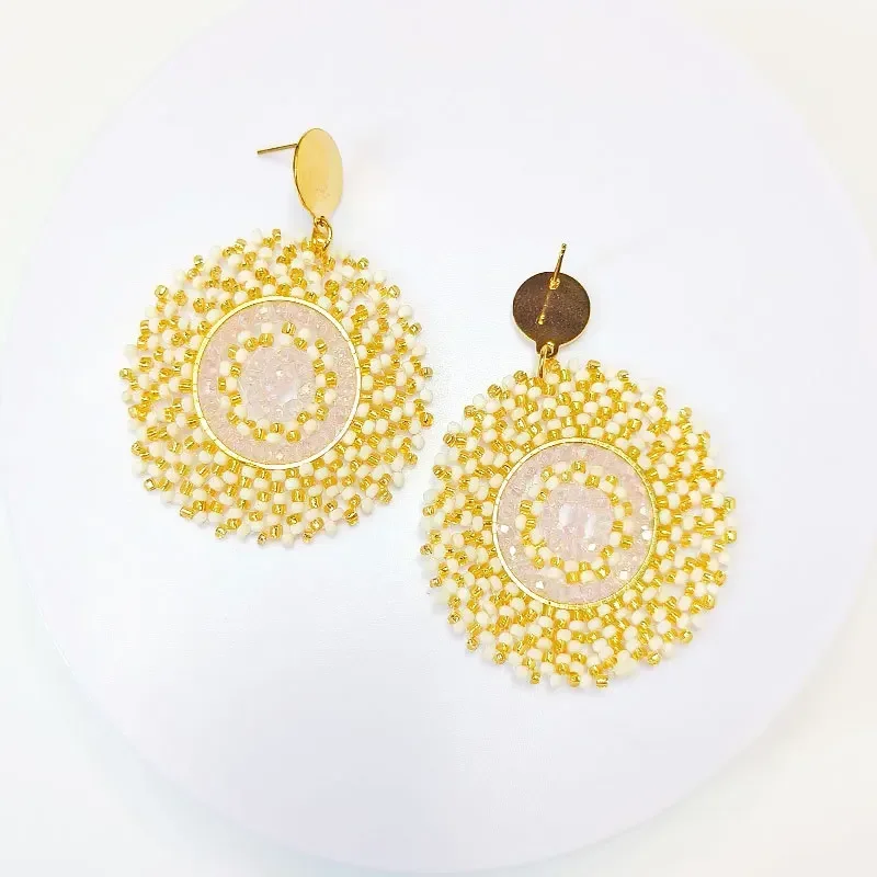 Bohemia Rice Bead Earrings Off-White Crystal Circle Hand-Woven Creative Sophisticated Beaded Jewelry Accessory