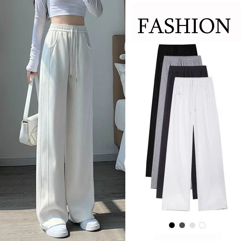 

Женские классические однотонные спортивные штаны с высокой талией, корейские модные прямые брюки для девочек, женские однотонные мешковатые брюки