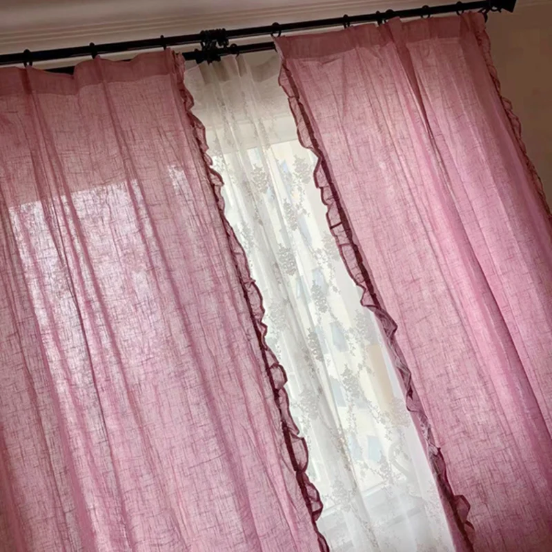 Pure Linen Pink Vintage Ruffle Curtain For Girls Bedroom Romantic Bay Window Drapes Living Room Soft,Half Blackout,Breathable