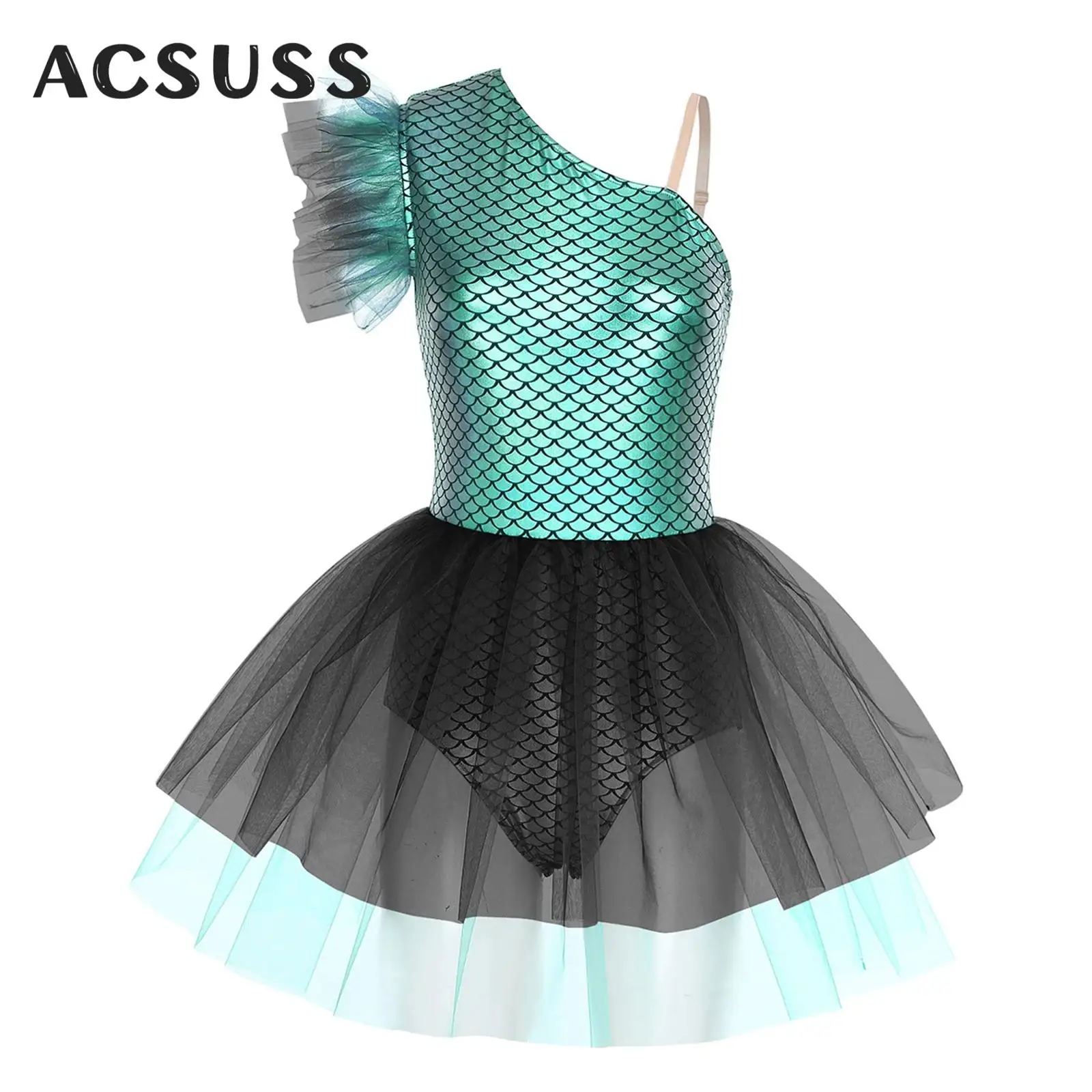 

Womens Mermaid Cosplay Costume Metallic Fish-scale Printed One Shoulder Tulle Ballet Dance Dress Leotard Carnival Party Outfit
