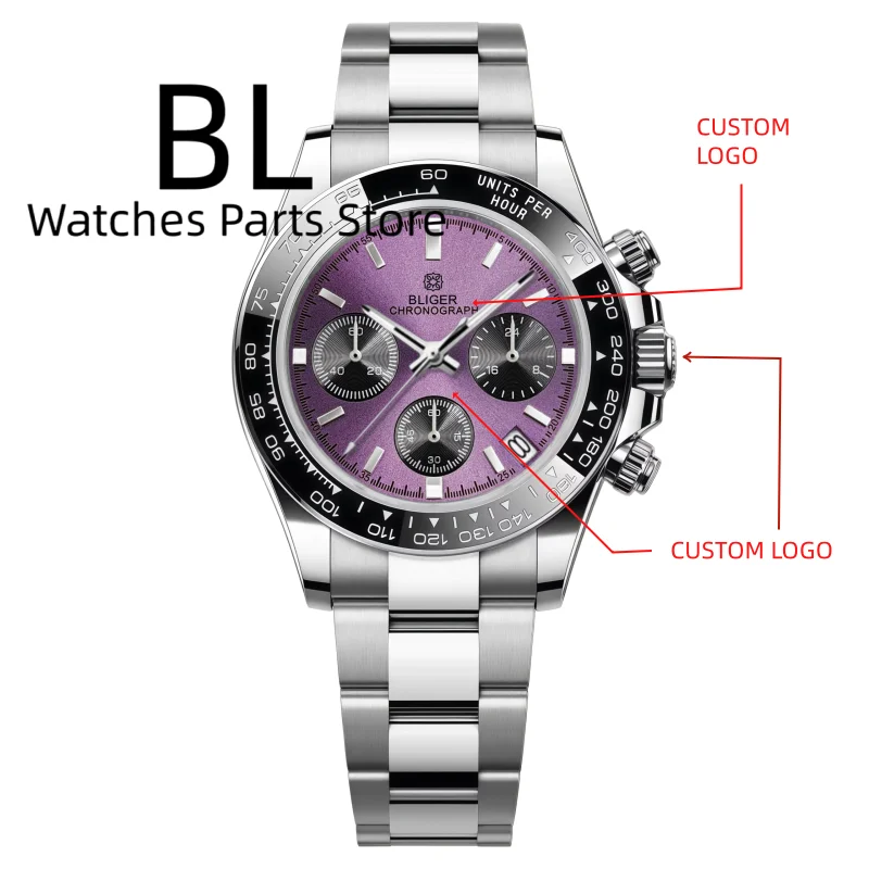 BLIGER Customizable VK63 Quartz Watch For Men Date Window Sapphire Glass Waterproof Full Chronograph 316L Bracelet Rubber Strap