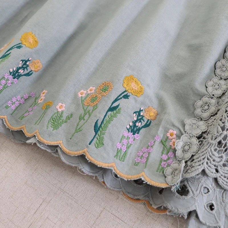 Spring Summer Mori Girl Sweet Lace Spliced Floral Embroidery Skirt Women Elastic Waist Hollow Out Vintage Cotton Linen Skirts