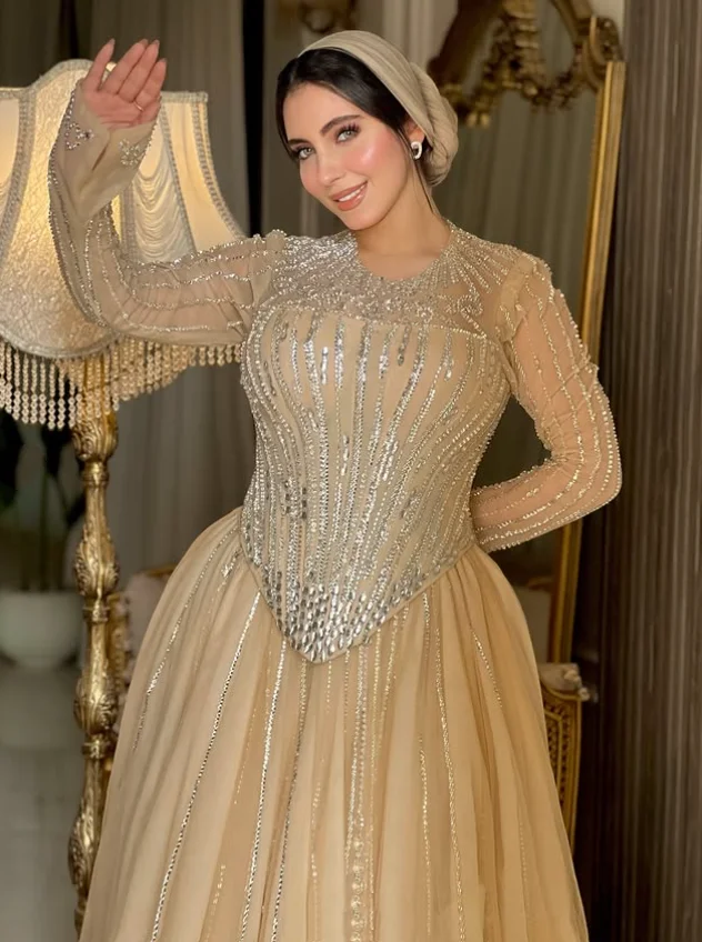 Sparkling Muslim Bridal Gown Champagne Round-neck Arabic Luxury Long-sleeved A-line Dubai Formal Evening Dress Customized