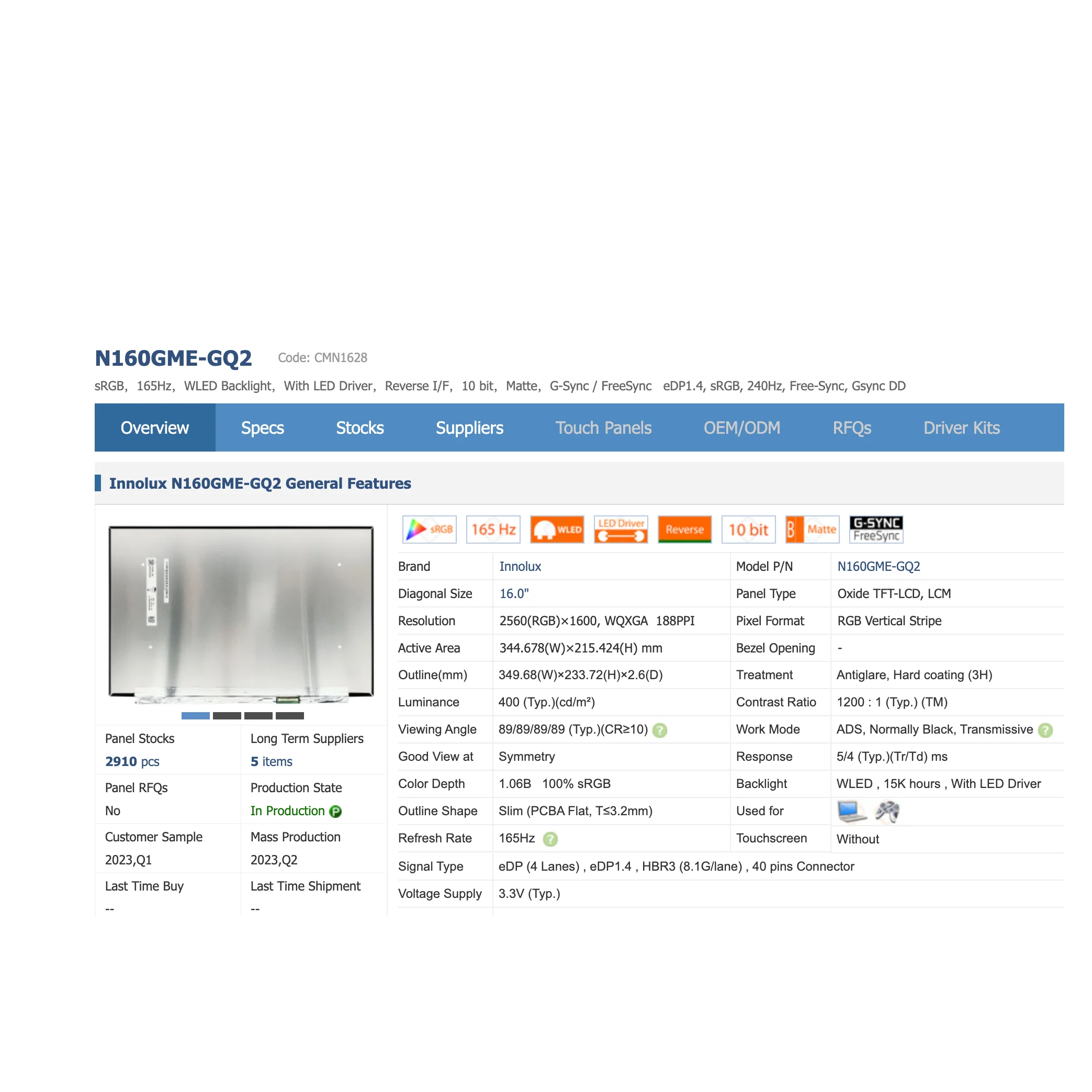 

N160GME-GQ2 IPS 16:10 Laptop LCD Screen 100% sRGB 2560x1600 Display Matrix Panel EDP 40 Pins 16 Inch 165HZ