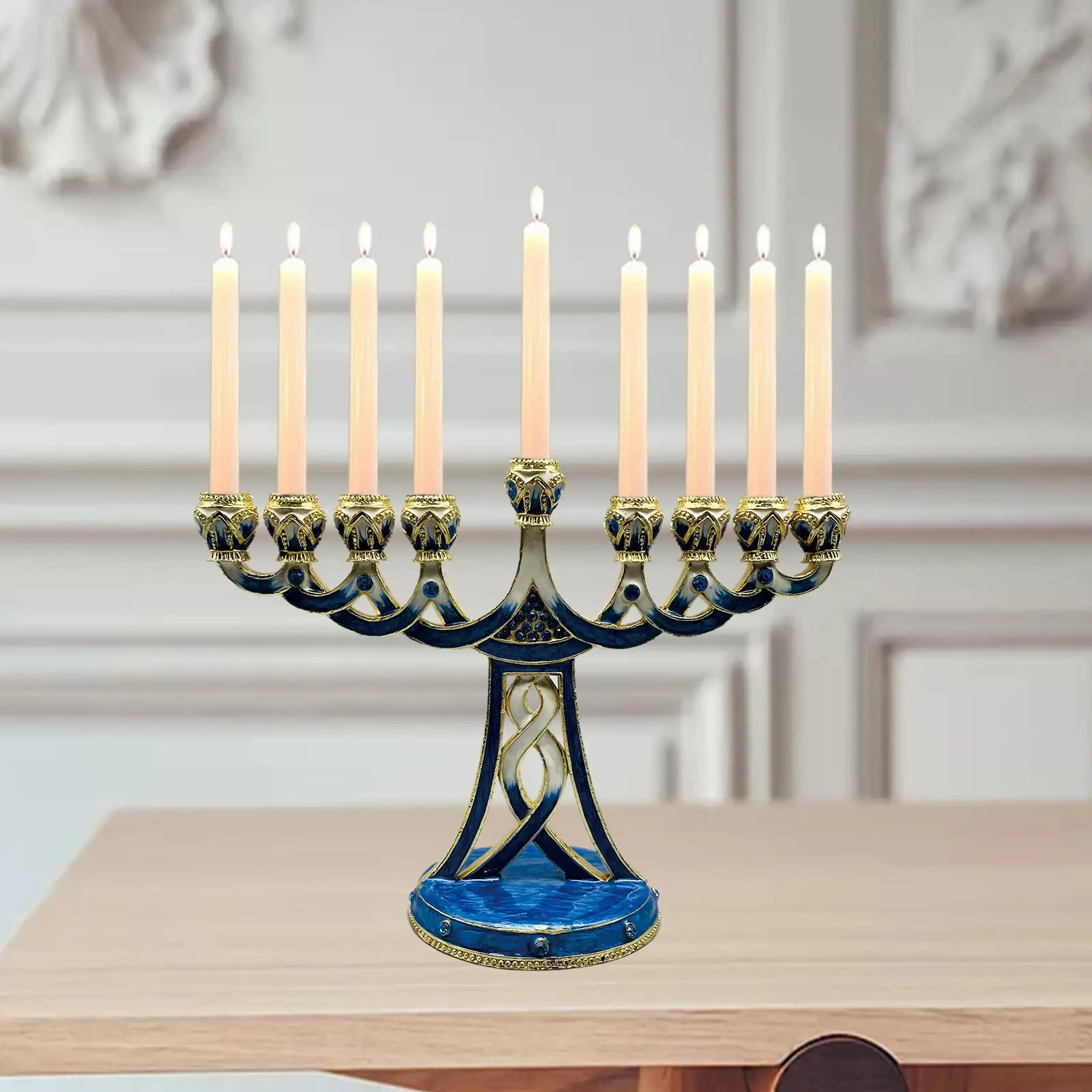 Enameled Menorah Candle Holder Antique 9 Branch Alloy Candlestick for Hanukkah Party Table Centerpiece Enameled Menorah Candle Holder Antique 9 Branch Alloy Candlestick for Hanukkah Party Table Centerpiece