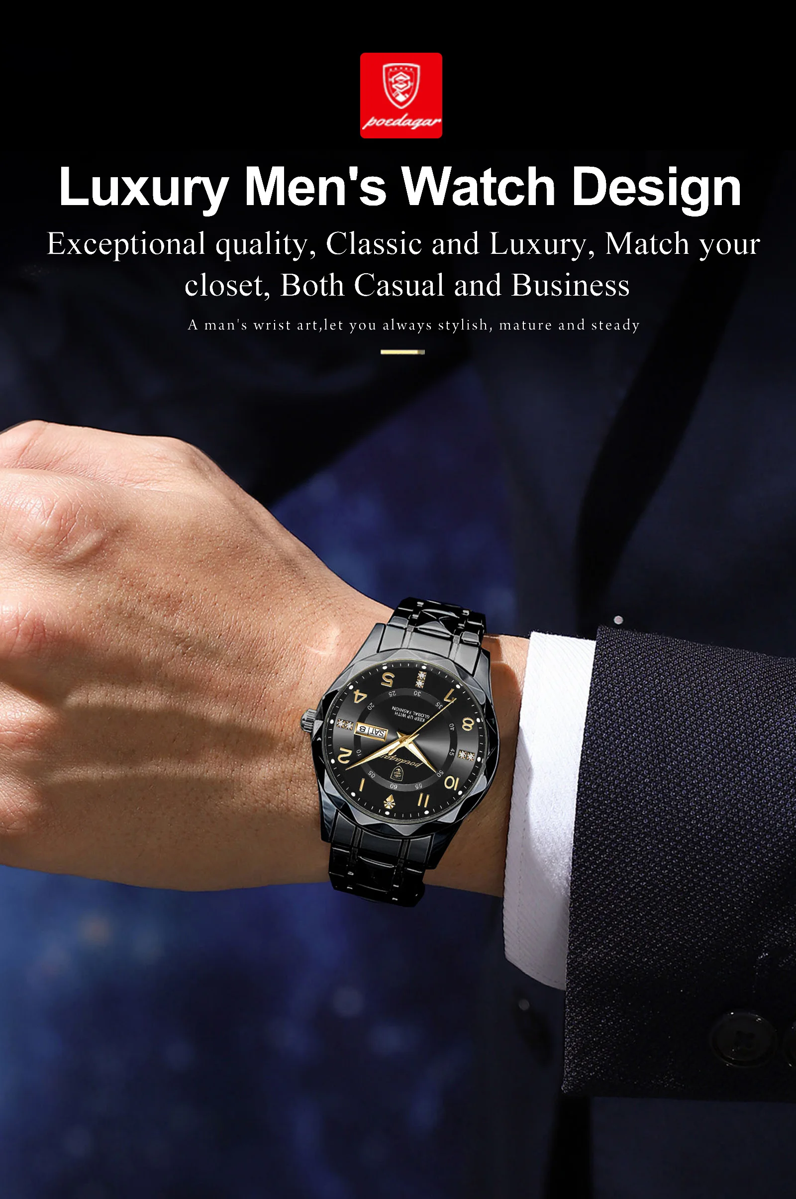 POEDAGAR Modische Luxus-Herrenuhr, Wasserdicht, Leuchtend, Quarz-Armbanduhr, Edelstahl, mit Datums- und Wochenanzeige, Casual-Herrenuhr, Reloj – Detail 4