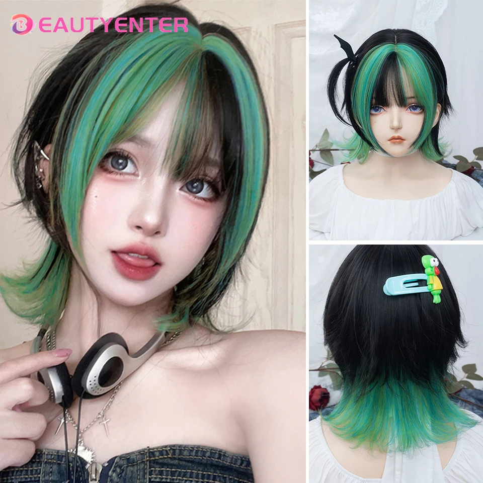 BEAUTYENTER Women Black Green Ombre Cosplay Short Straight Synthetic Wig Wolf Tail Mullet Head with Bangs Wig for Daily Party